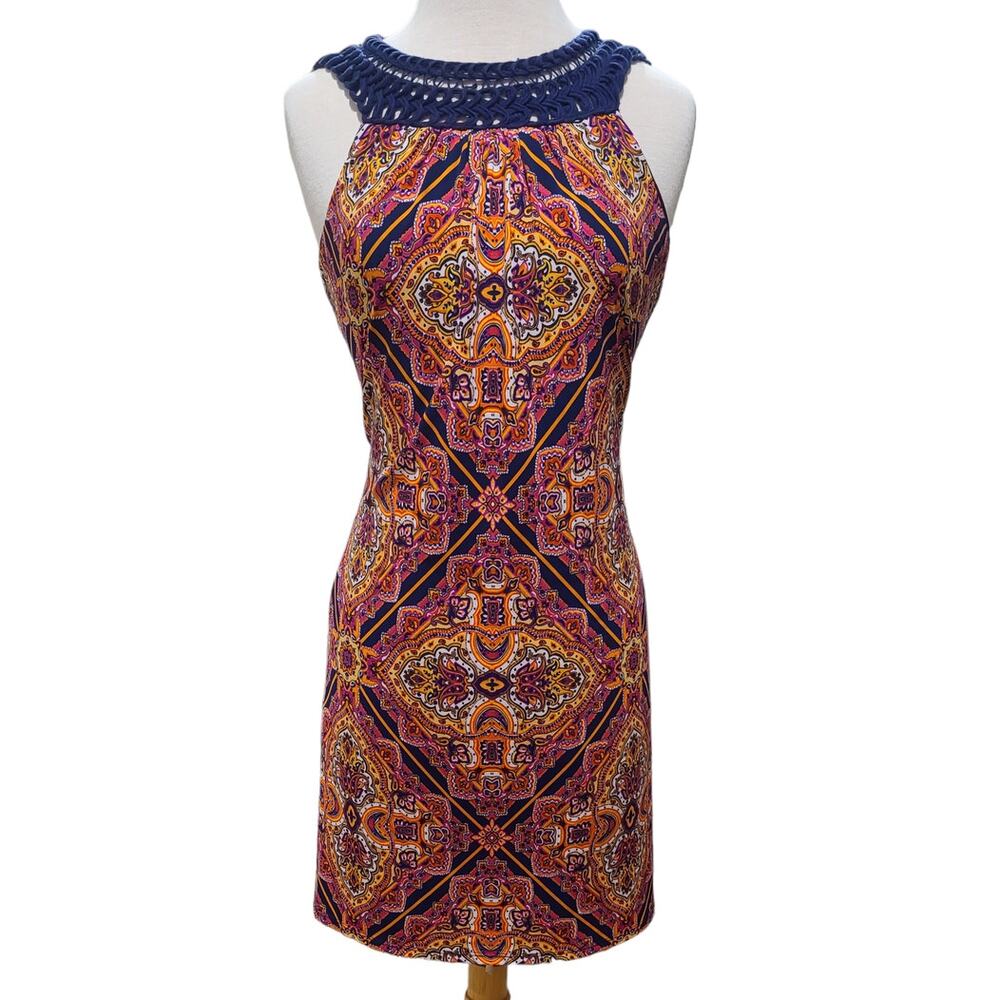 Jessica Howard medallion print crochet trim shift dress women's 8 knee length